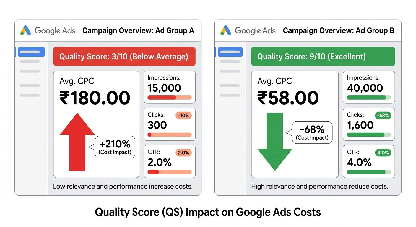 Google Ads dashboard comparison Quality Score CPC